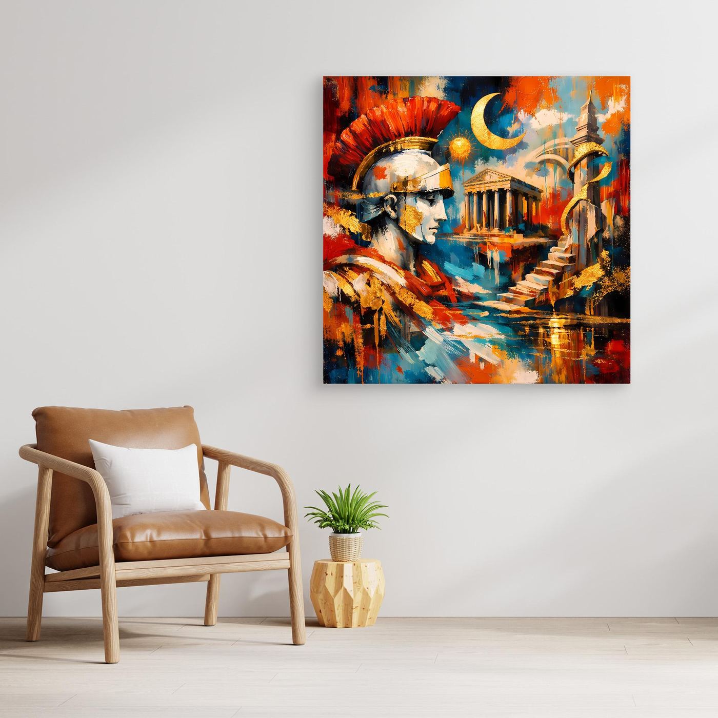 Leinwandbild mit abstraktem römischem Zenturio, ungerahmt, warmes Rot-Blau-Gold Motiv