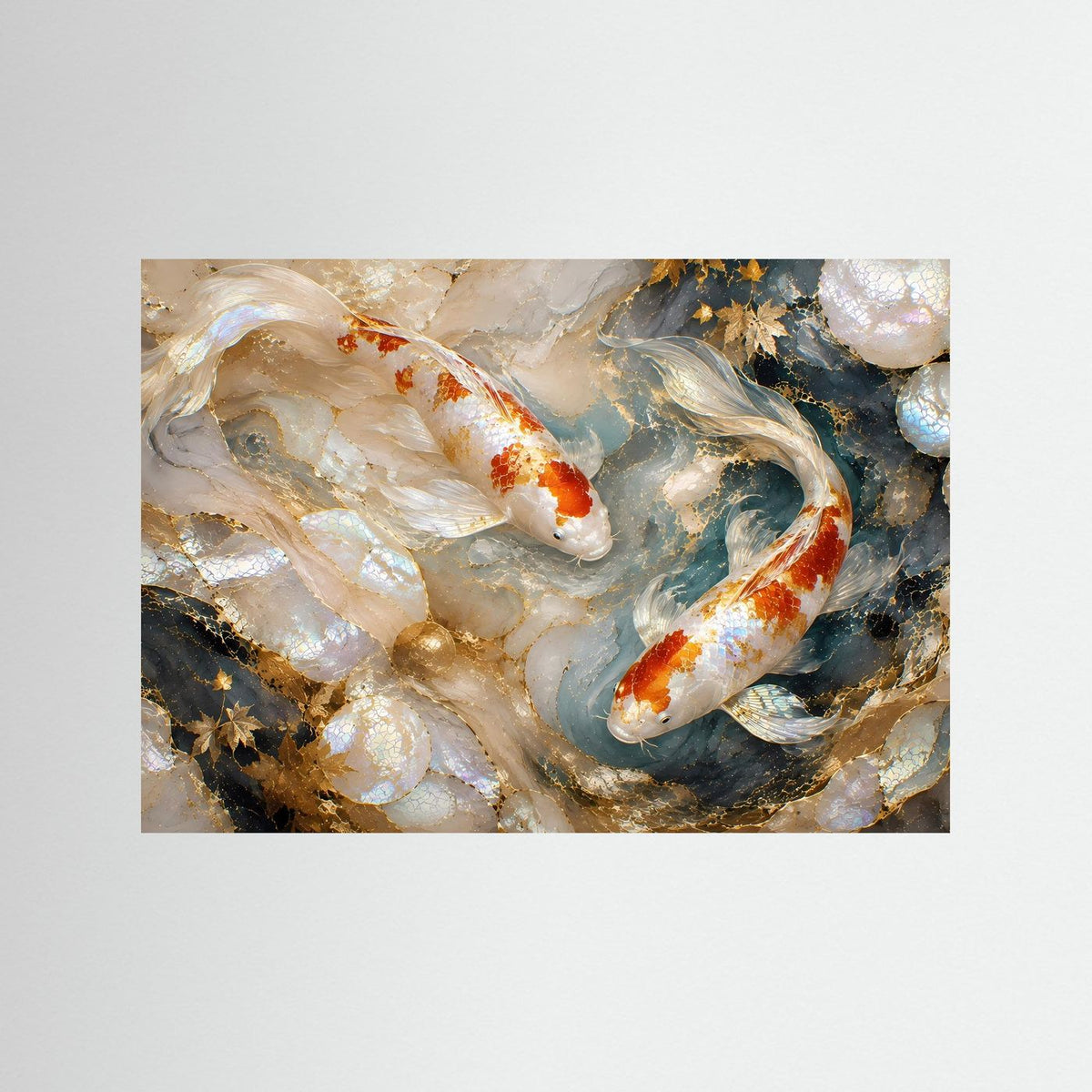 Poster Querformat mit Koi-Fischen in Perlmutt- und Goldtönen, ohne Rahmen