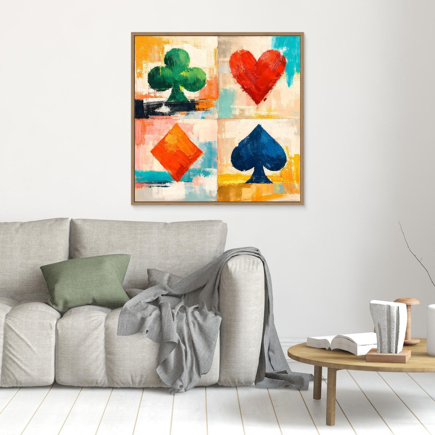 Leinwand-Wandbild Spielkarten-Symbole: Kleeblatt, Herz, Diamant, Pik, brauner Rahmen