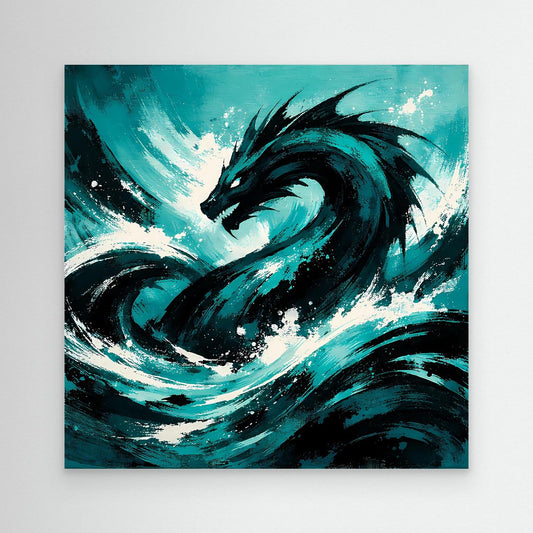 Abstraktes Ozean-Wandbild mit Seemonster-Drachen in Türkis und Schwarz, ohne Rahmen