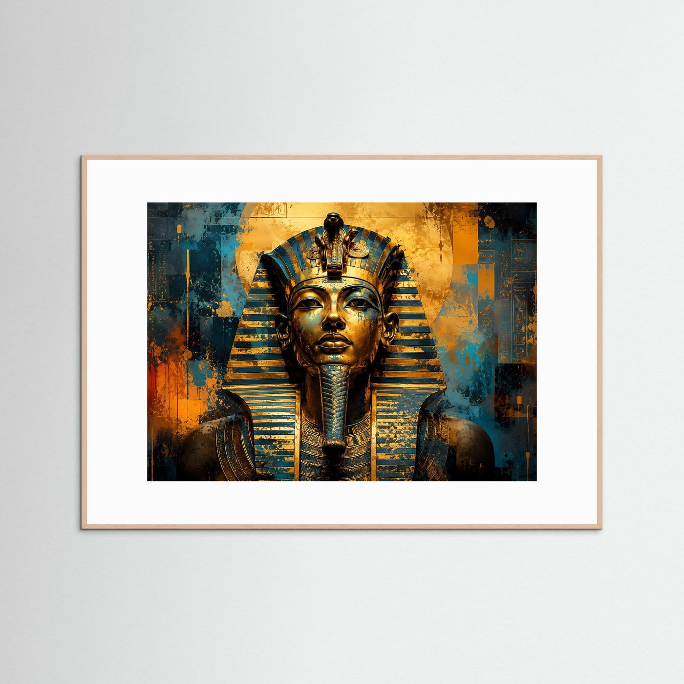 Wandbild: ägyptischer Pharao in Gold und Blau, rechteckig, heller Holzrahmen