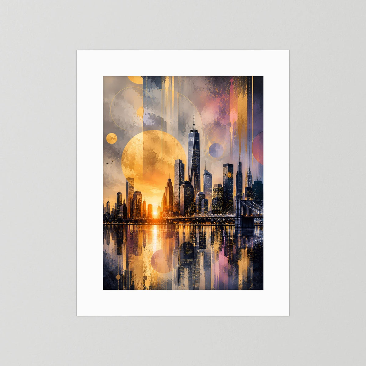 Hochformat-Poster mit weißem Rand, abstrakte Skyline mit goldenen Lichtern und Reflexion