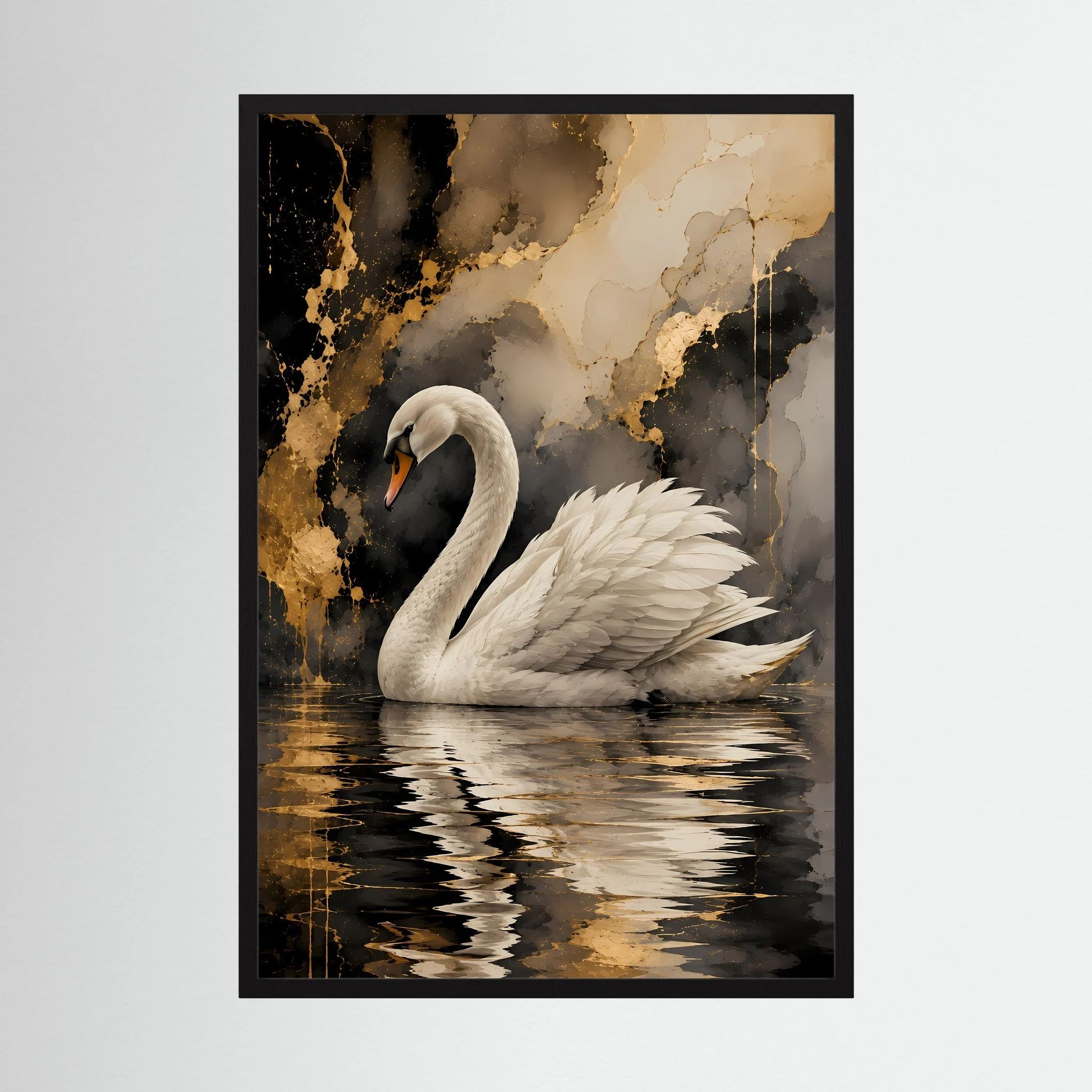 Gerahmtes Poster mit weißem Schwan im Wasser, Gold-Schwarz-Abstraktion, schwarze Einfassung