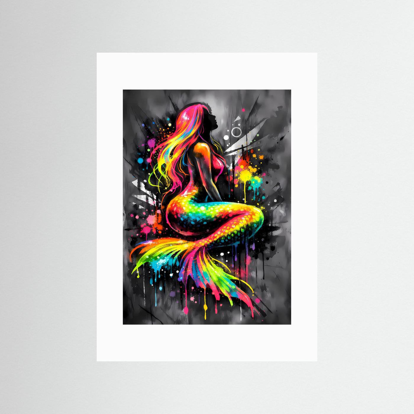 Magie der Meere | Abstraktes Meerjungfrauen Poster in leuchtenden Regenbogenfarben | Modernes Fantasy Kunstposter Hochformat