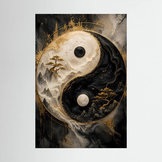 Vertikales Poster mit Yin-Yang-Motiv, Schwarz und Gold, Berglandschaft, goldene Sprenkel