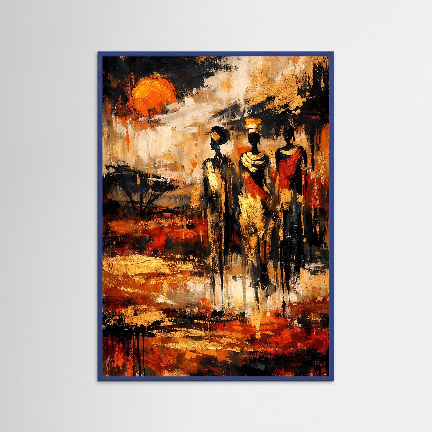 Ethno-Kunstposter mit drei stehenden Figuren, orange-goldene Sonne, erdige Pinselstriche, blau gerahmt