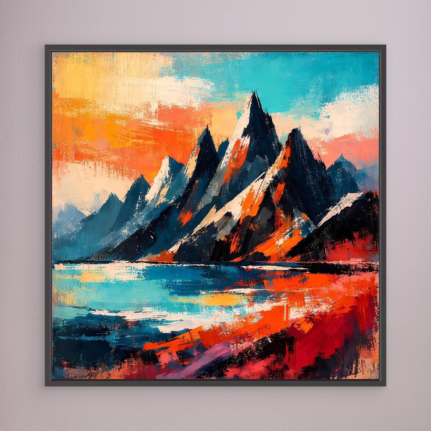 Abstraktes Leinwand-Wandbild mit Bergspitzen und Wasserlauf, kräftige Orange- und Blautöne, anthrazit gerahmt