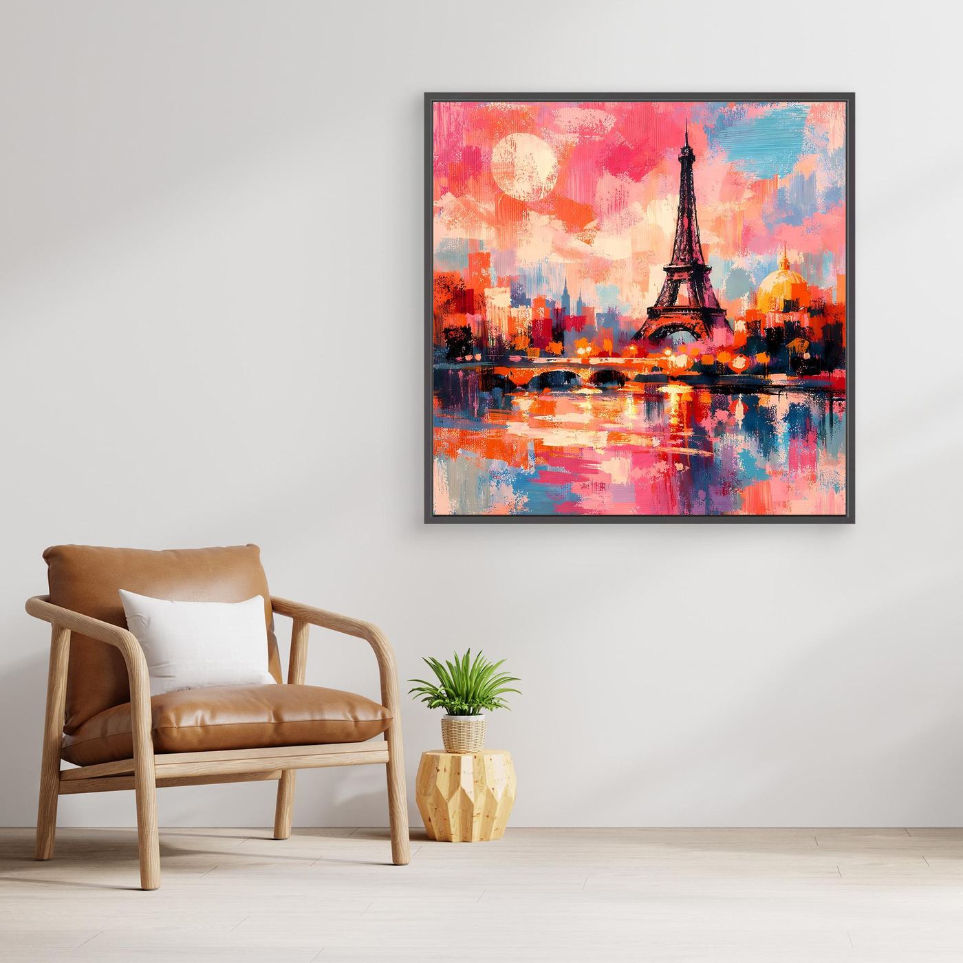 Gerahmtes Leinwand-Wandbild mit Eiffelturm: abstraktes Stadt- und Wasserpanorama