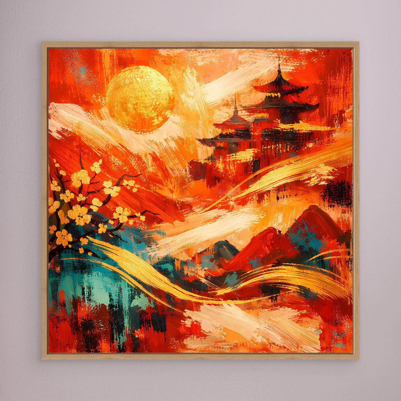 Abstraktes Leinwandbild „Pagode“ mit Holzrahmen: rotes Kunstwerk mit goldener Sonne