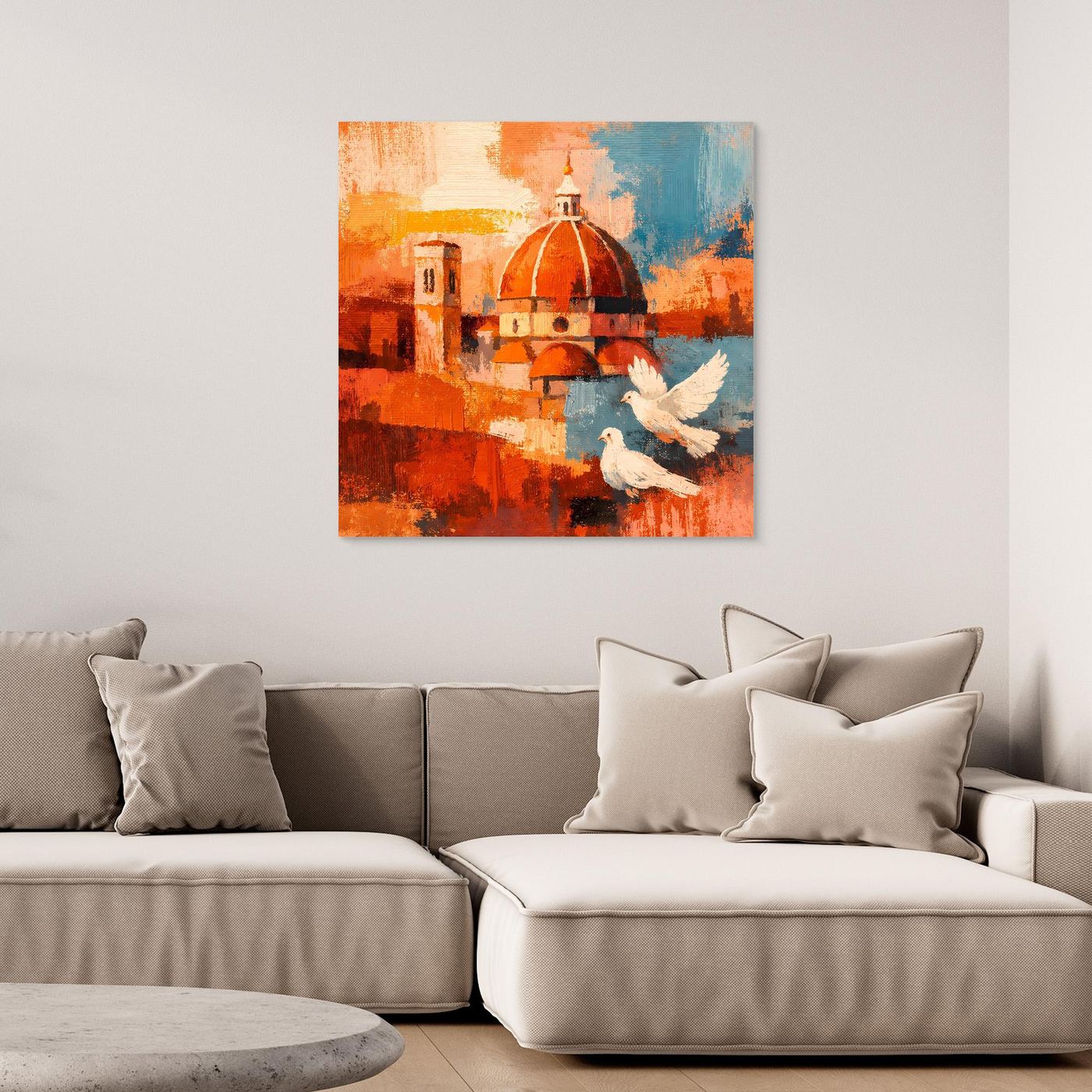 Abstraktes Leinwand-Wandbild mit orange-roter Kuppel und weißen Tauben