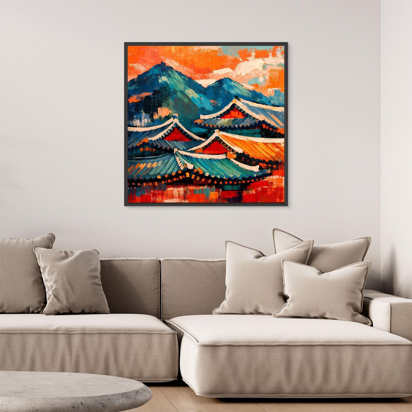 Abstraktes Wandbild mit Pagodendächern, Bergen und bunten Dachlinien, mit Rahmen