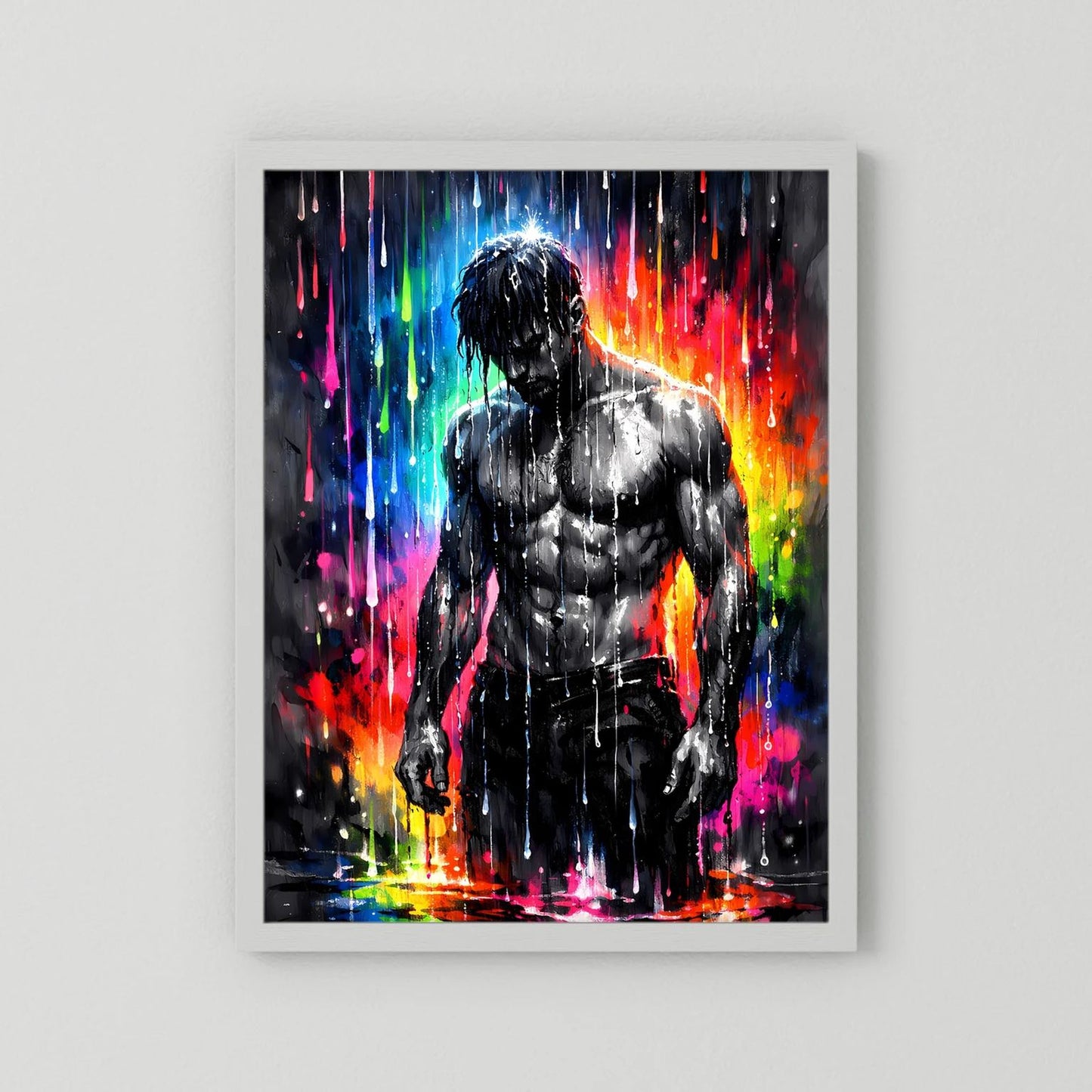 Wandbild im Hochformat mit muskulösem Mann in Schwarz, Neon-Farbverlauf, weißer Rahmen