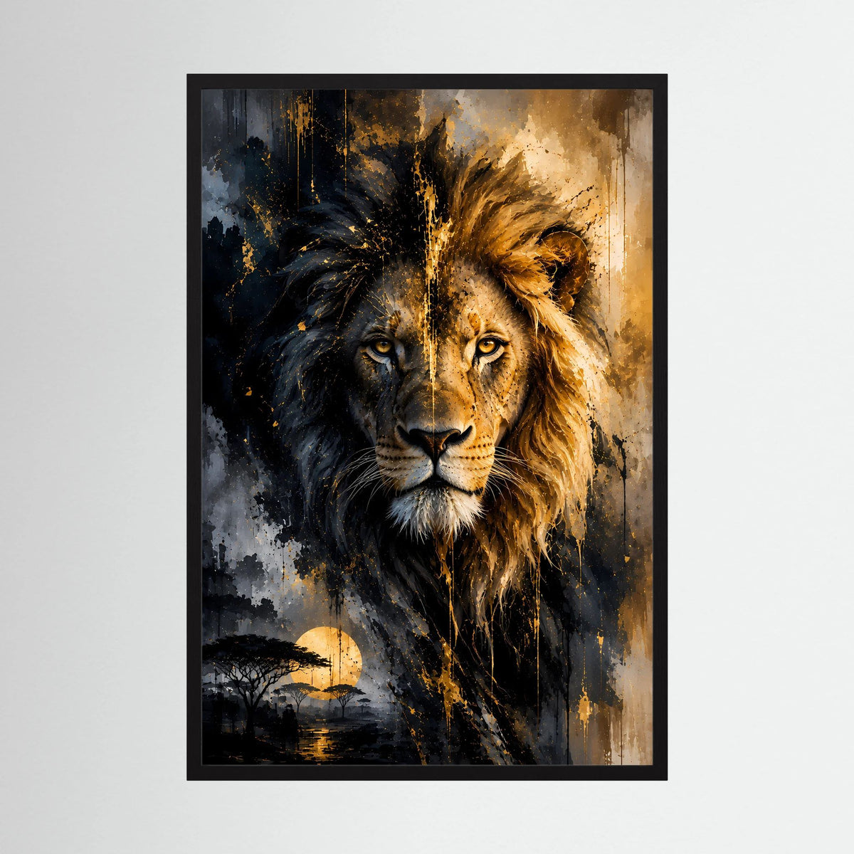 Löwenposter im Hochformat mit schwarzem Rahmen, abstraktes Gesicht in Schwarz und Gold