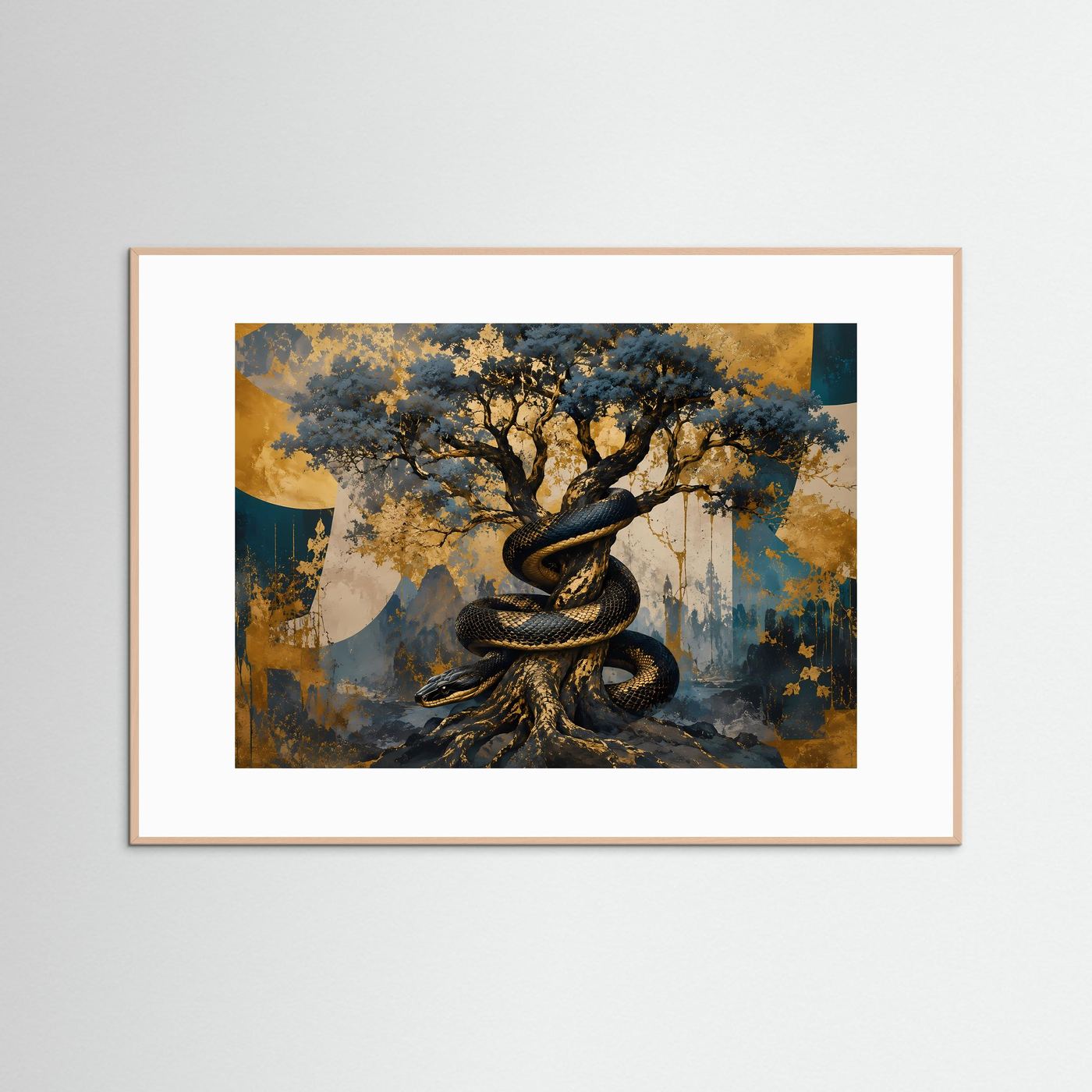 Mystische Schlange am Lebensbaum | Modernes Natur- & Fantasy-Poster Querformat