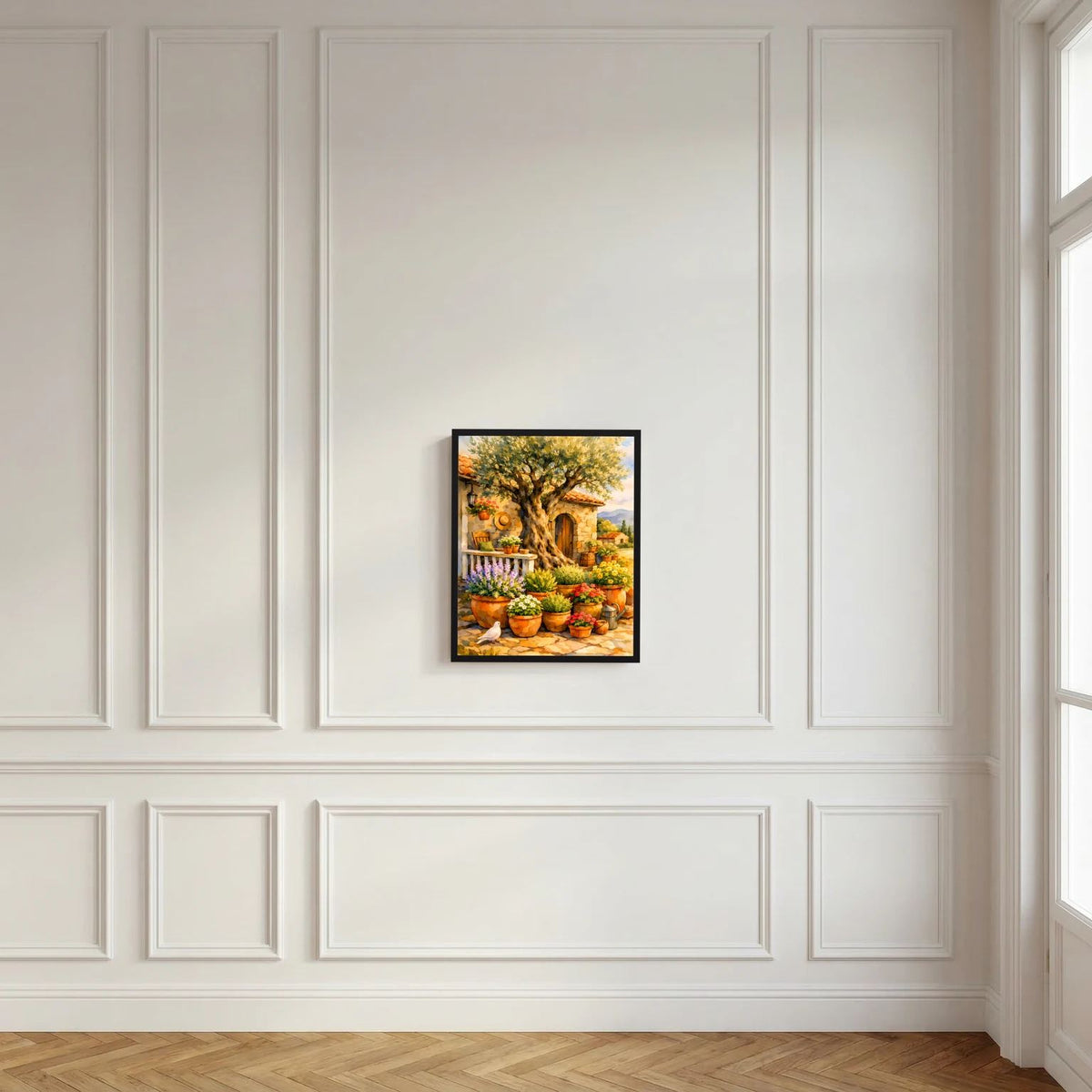 Wandbild im Hochformat mit Olivenbaum-Motiv in Töpfen, Blumen und Steinhaus