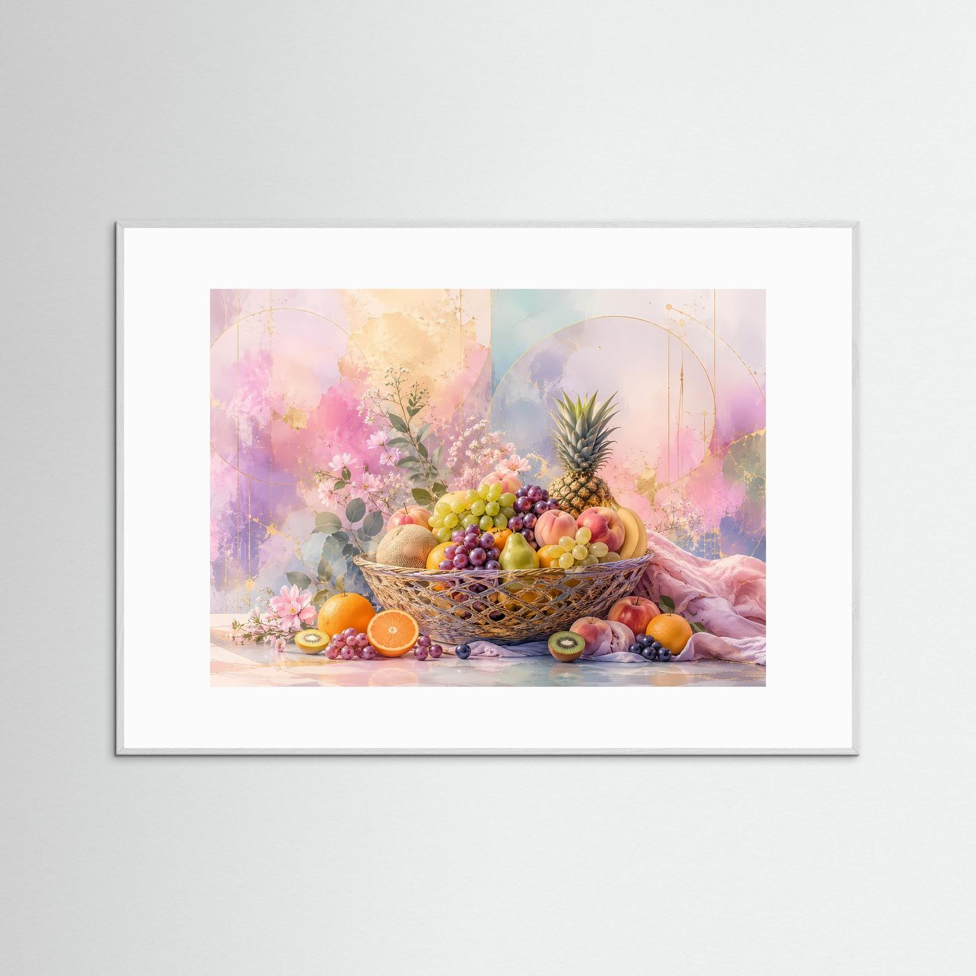 Abstrakter Obstkorb in Pastell | Elegantes Stillleben mit Früchten & Blüten