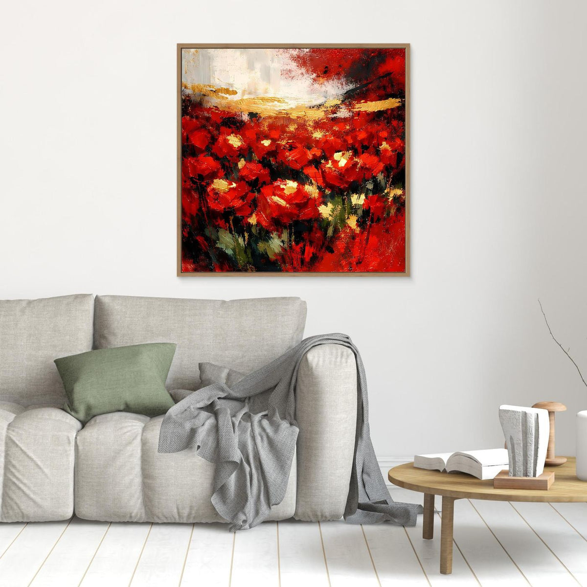 Wandbild mit abstraktem Blumenfeld, rote Blüten und Goldakzente, brauner Rahmen