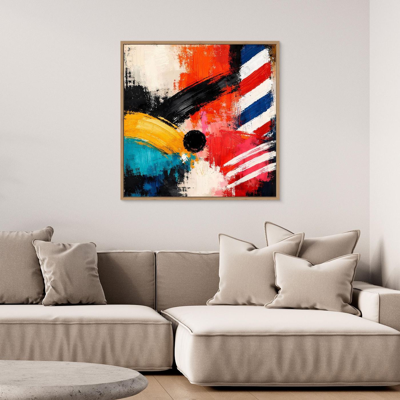 Abstract canvas wall art in an oak frame with red, blue, yellow strokes and black circle