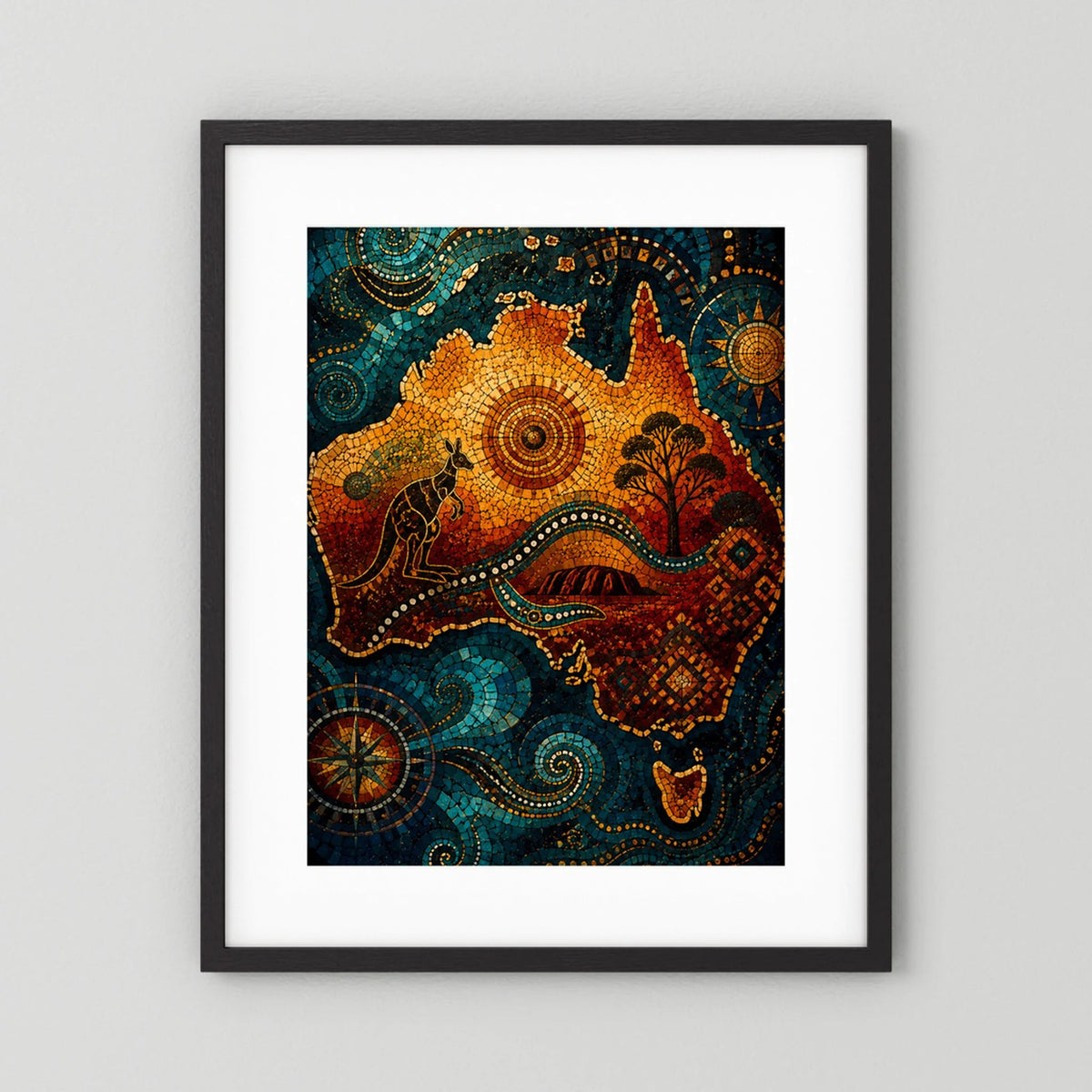 Hochformat-Poster mit Känguru-Mosaik, schwarzer Rahmen und weißem Passepartout
