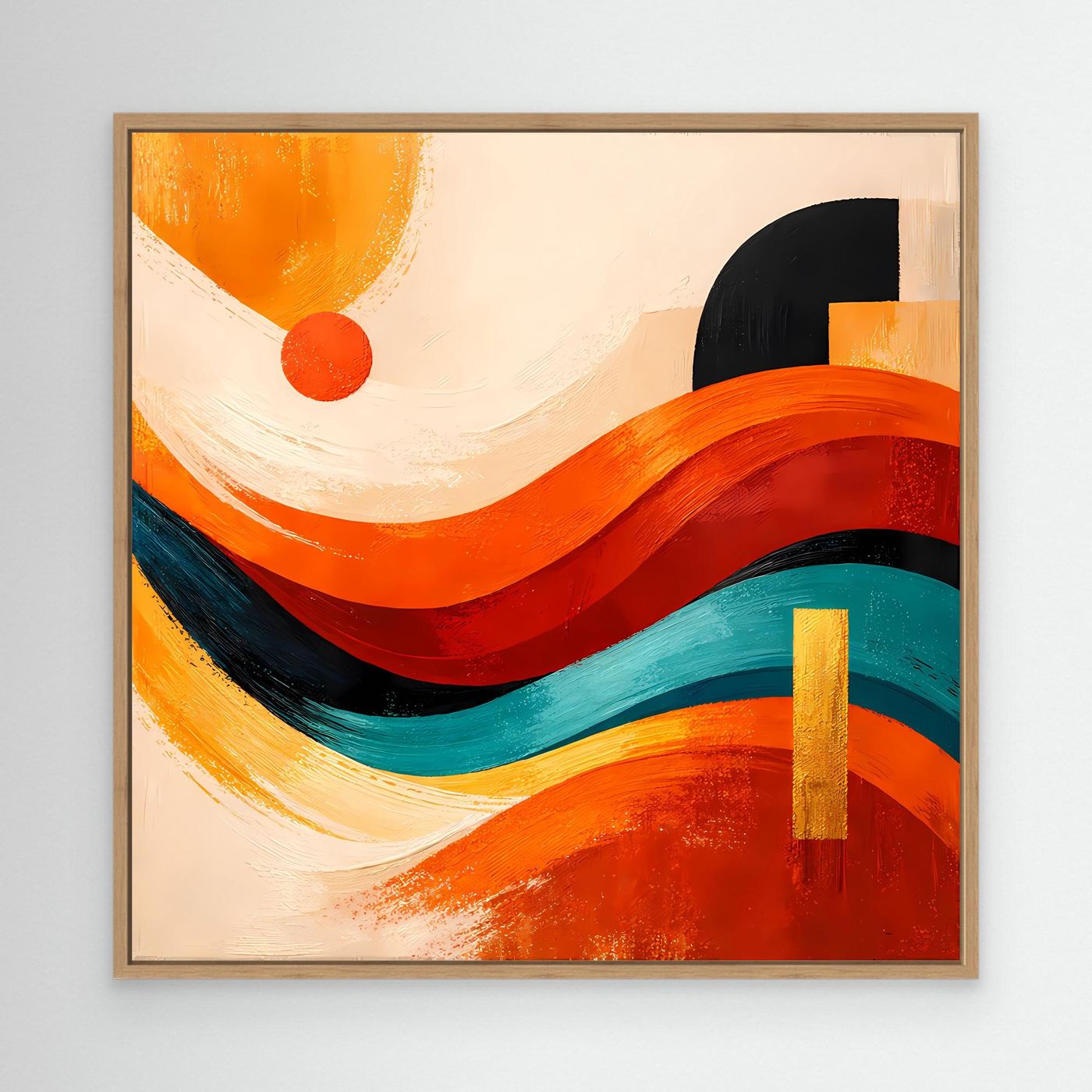 Leinwandbild mit Holzrahmen, abstrakte Wellenlinien und Dünen in Orange, Rot und Türkis