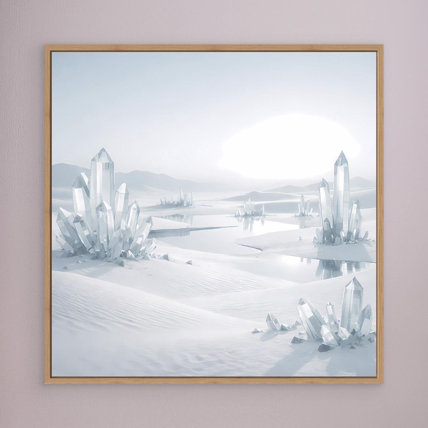 Leinwandbild mit Eichenholzrahmen: Fantasie-Winterlandschaft mit Eisbergen und klaren Kristallen.
