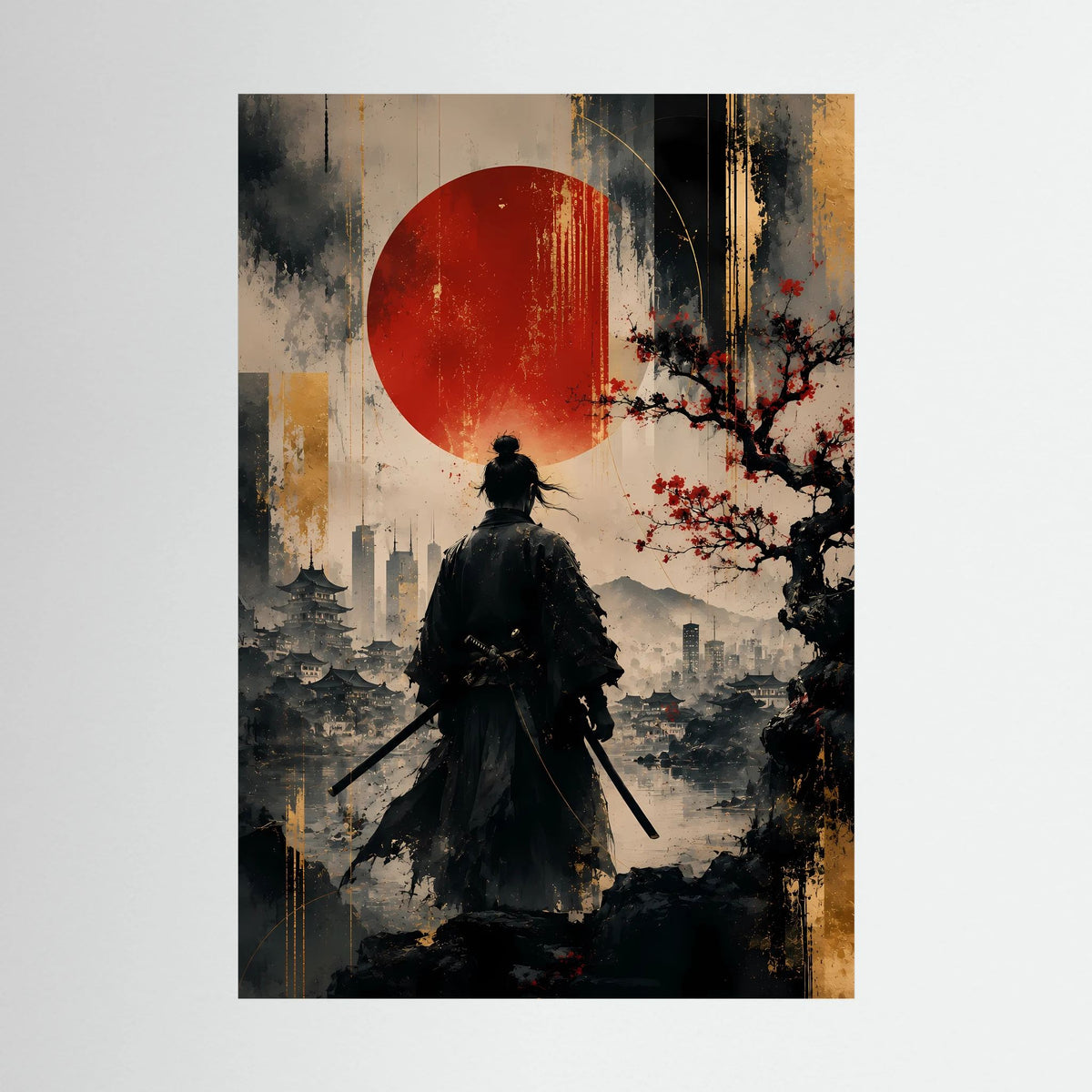 Hochformatiges Kunstposter mit Samurai-Silhouette, roter Sonne und Schwert, ohne Rahmen