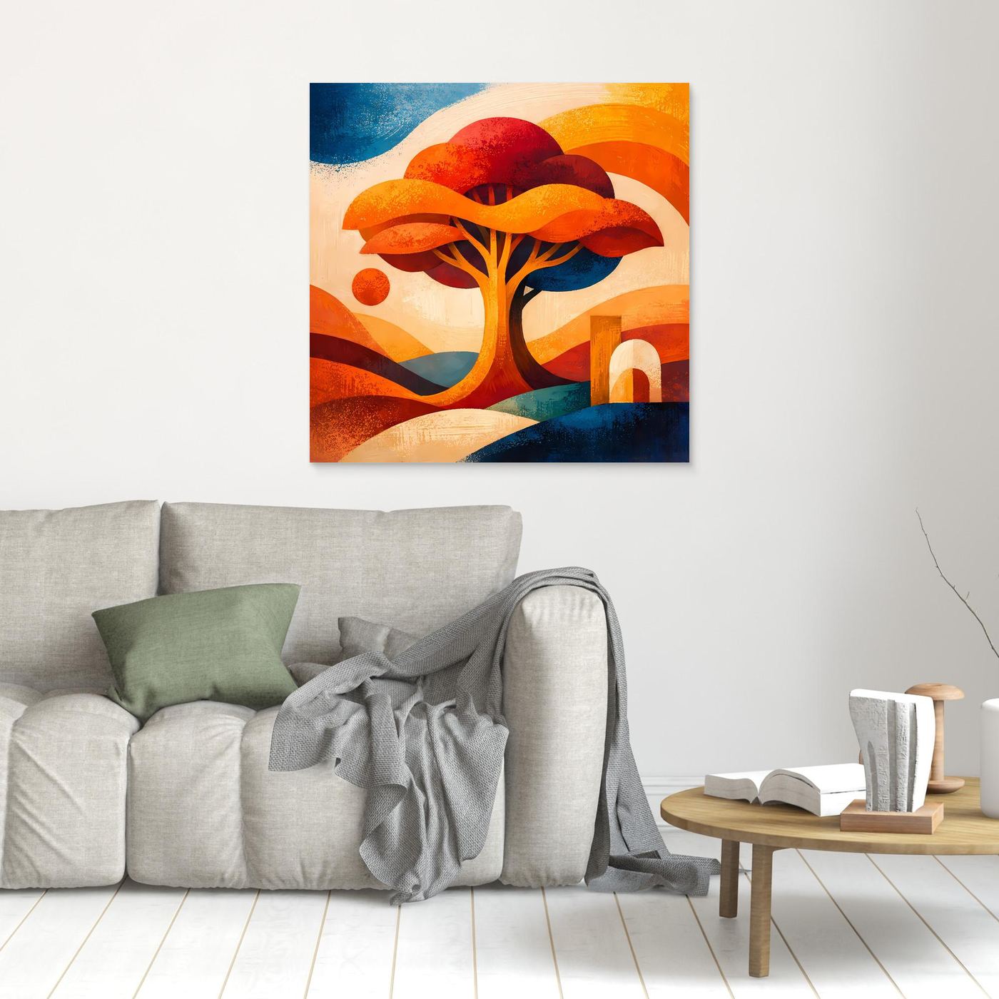 Kleines Leinwandbild mit abstraktem Lebensbaum in Orange und Blau, hell gerahmt