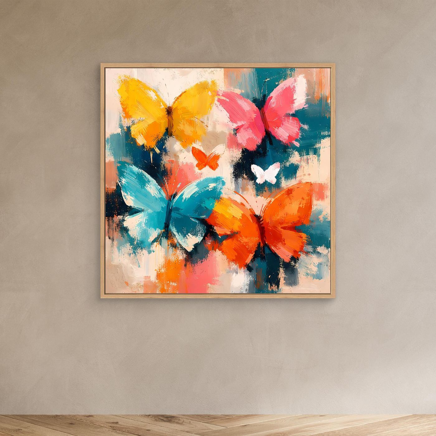 Leinwand Farbenfrohe Schmetterlinge im Flug | Abstraktes Natur & Frühling Wandbild