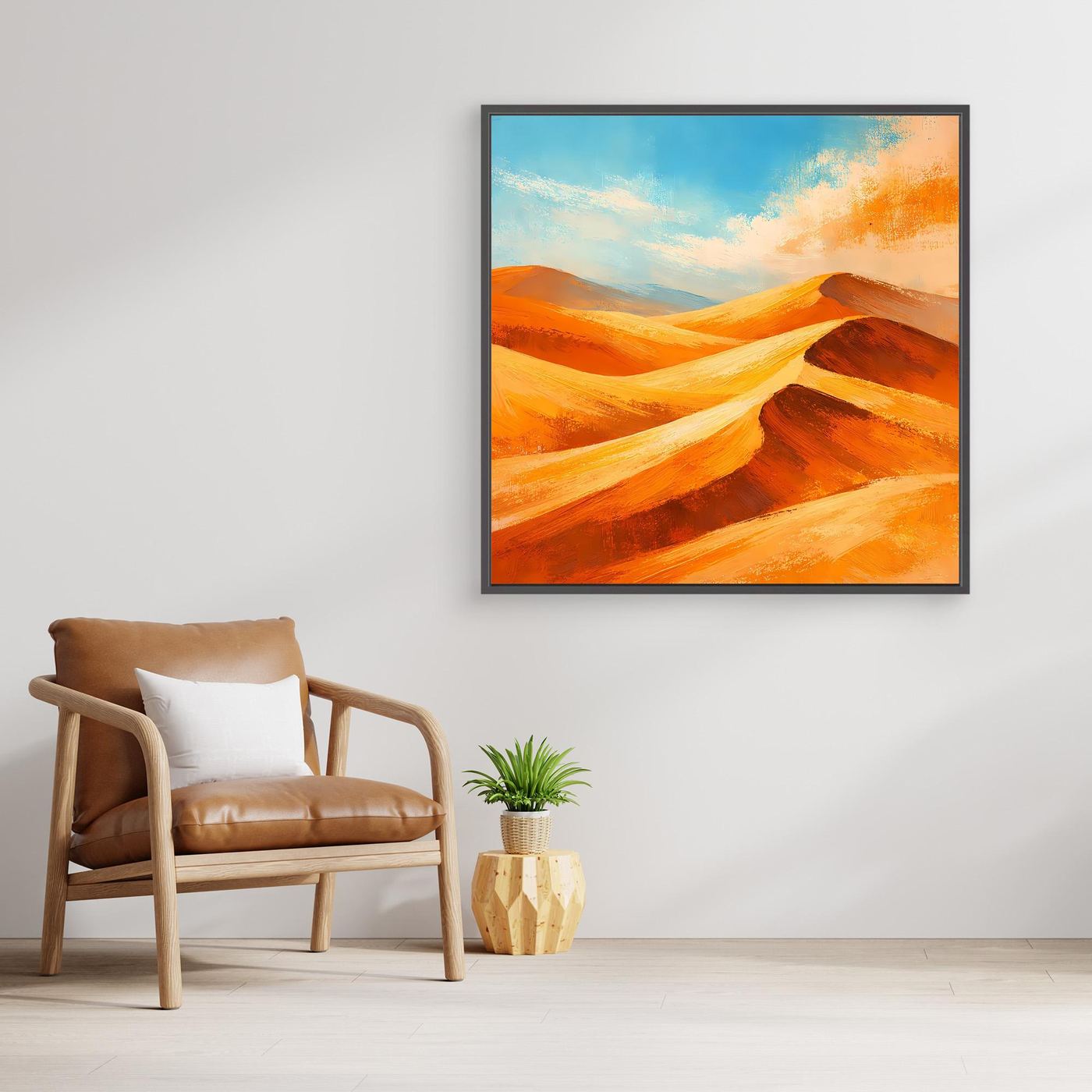 Abstract desert dunes canvas wall art with orange and gold tones, black frame