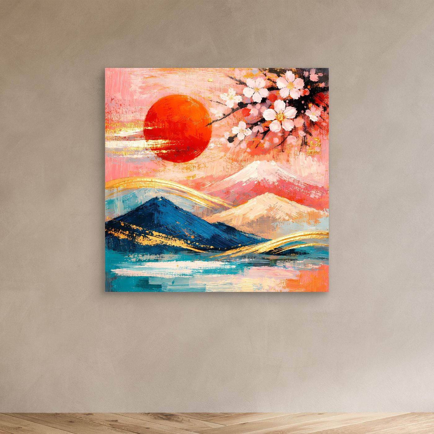 Leinwandbild: abstrakte Kirschblüte und Fuji, pastellfarben, ohne Rahmen