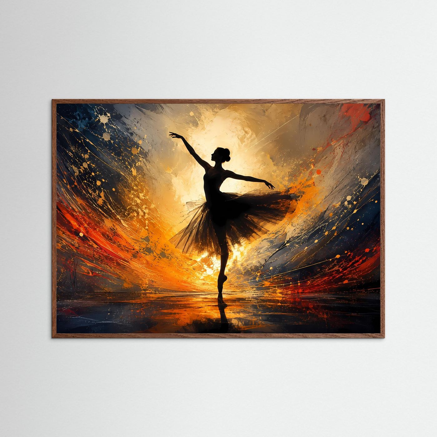 Ballerina im goldenen Licht | Abstrakte Tanzkunst in Schwarz, Gold & Orange – Elegante Wandkunst
