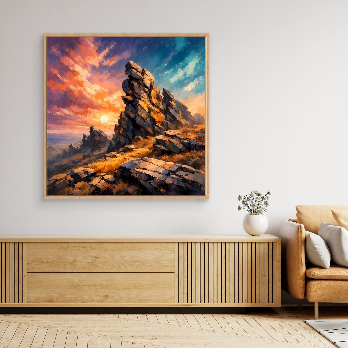 Premium Leinwand Monumentale Felsformation im Sonnenuntergang | Abstraktes Gebirge Wandbild