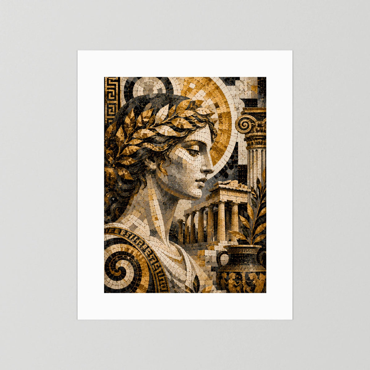 Poster mit Mosaik der Göttin, Gold- und Schwarztöne, weißer Rahmen ohne Glas