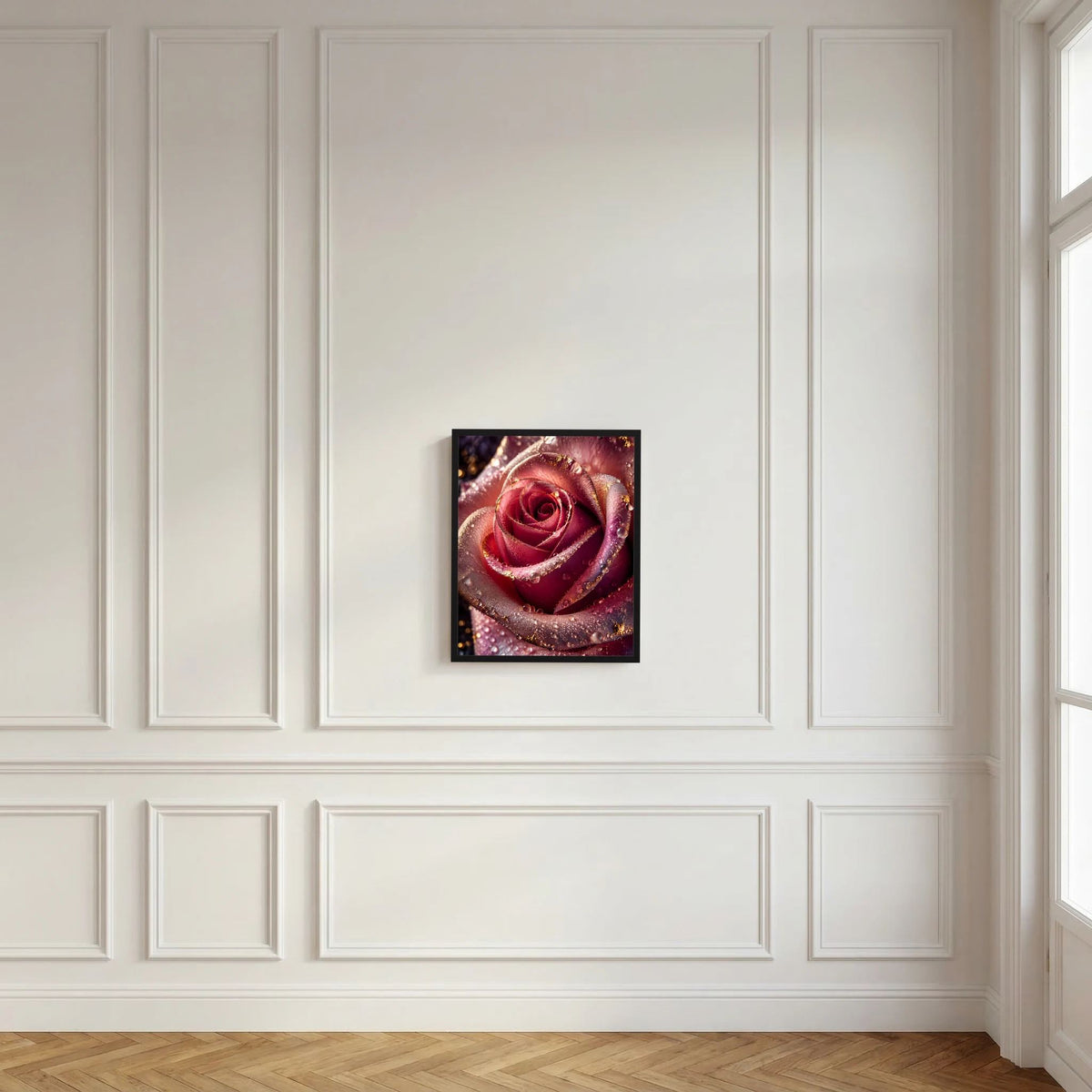 Kleines Wandposter mit dunkelrosa Rose, Wassertropfen und goldenen Akzenten