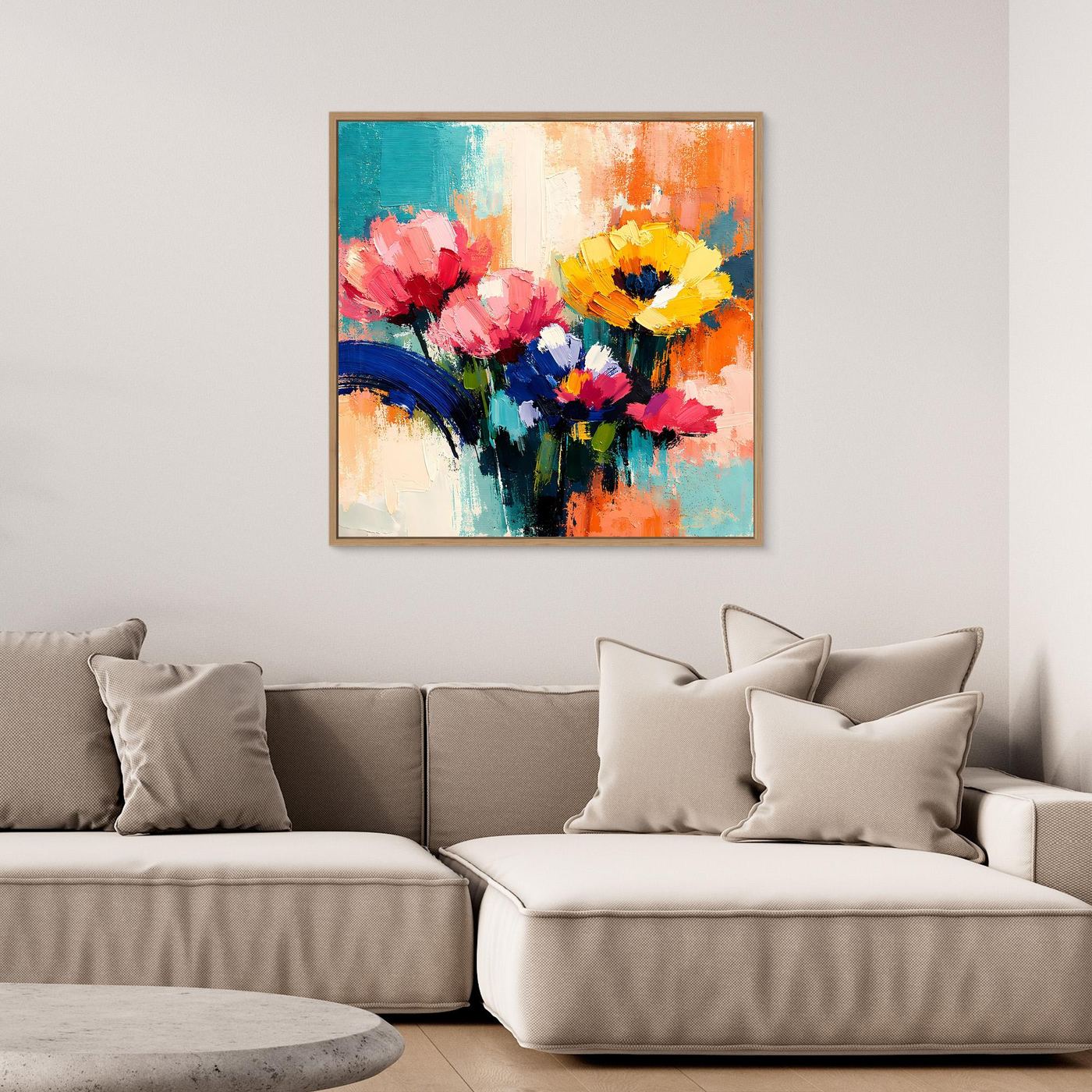 Abstraktes Leinwandbild mit bunten Sommerblumen in Vase, brauner Holzrahmen