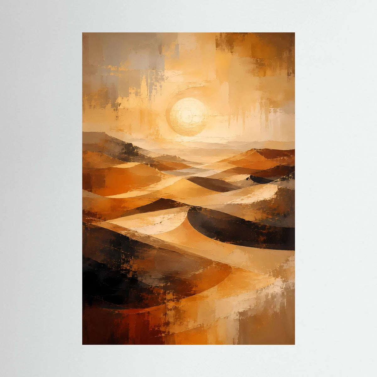 Abstraktes Poster mit Wüstenlandschaft in Gold und Orange, Kreis-Sonne, Dünen.