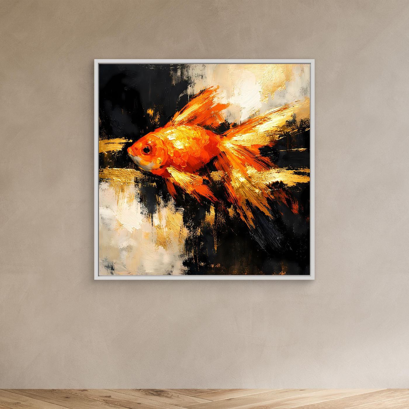 Leinwand Dynamischer Goldfisch in Orange und Gold | Abstraktes Tier Wandbild