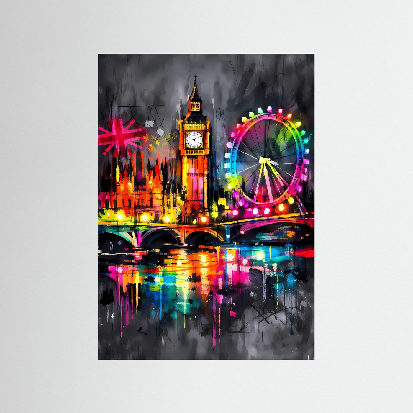 Die Lichter der Themse | Neon London Poster mit Big Ben & London Eye | Abstraktes Skyline Kunstposter Hochformat