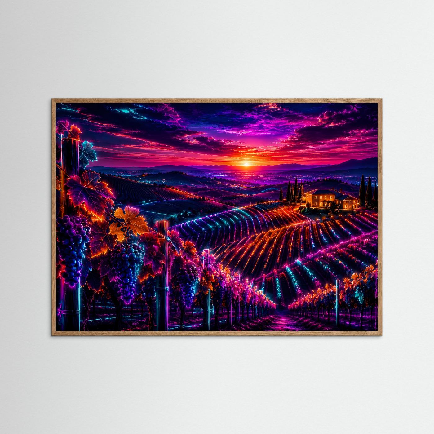 Weinberg Poster Neon | Toskana Sonnenuntergang Wandbild | Weinreben Landschaft | Leuchtende Fine Art | Moderne Wall Art