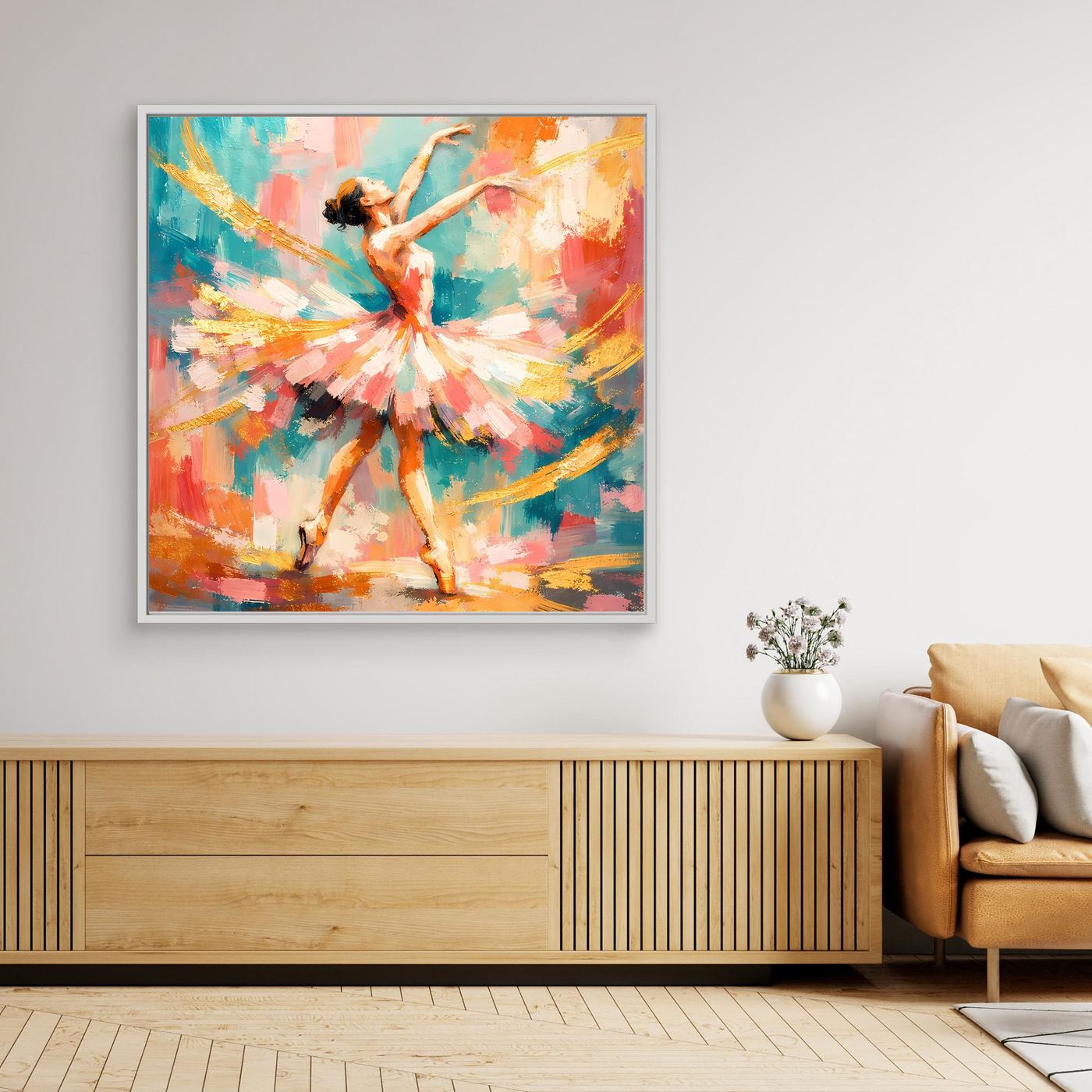 Leinwandbild mit abstrakter Ballerina, bunte Farben, weißer Rahmen