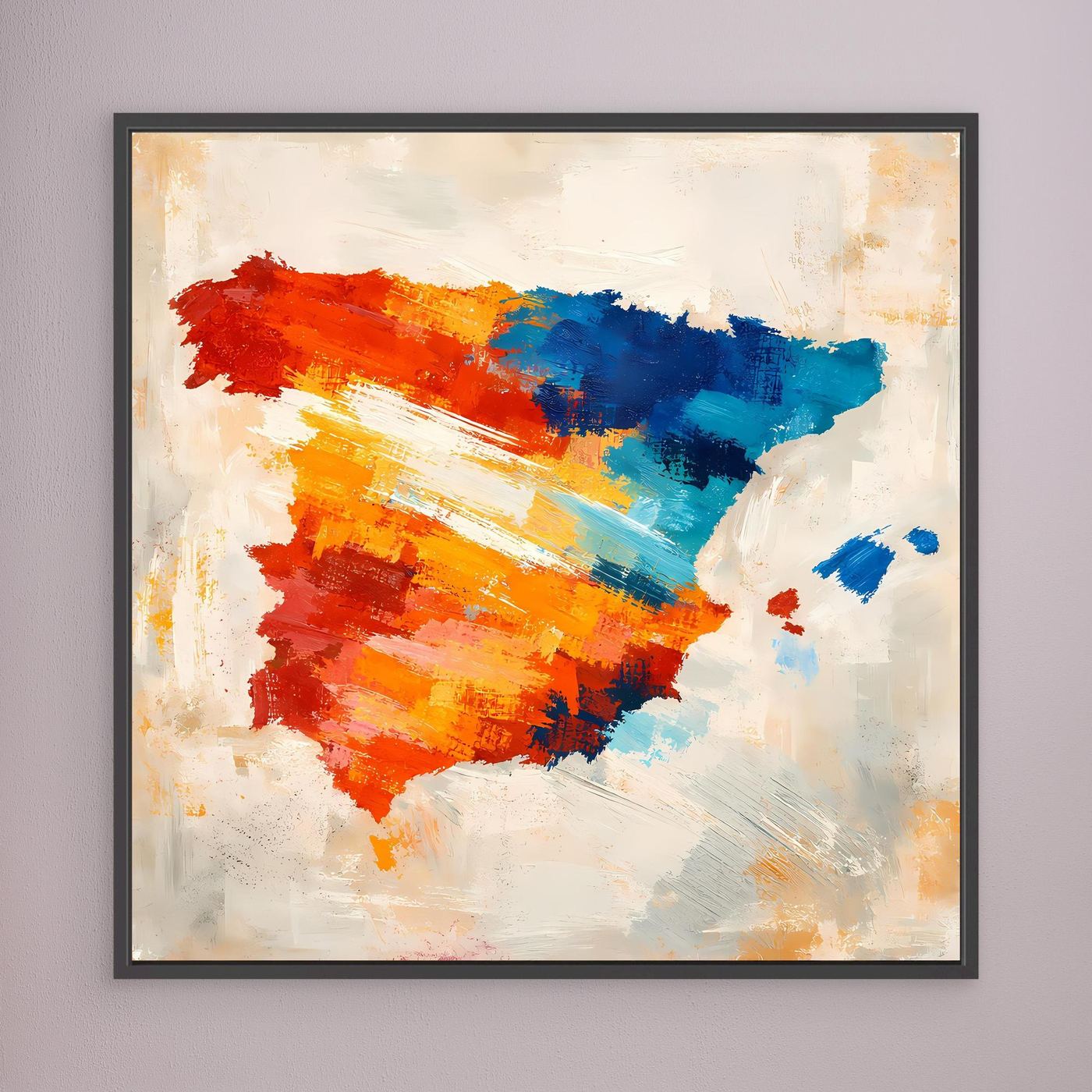 Abstract Spain map wall art with red and blue brush strokes on cream canvas, dark frame