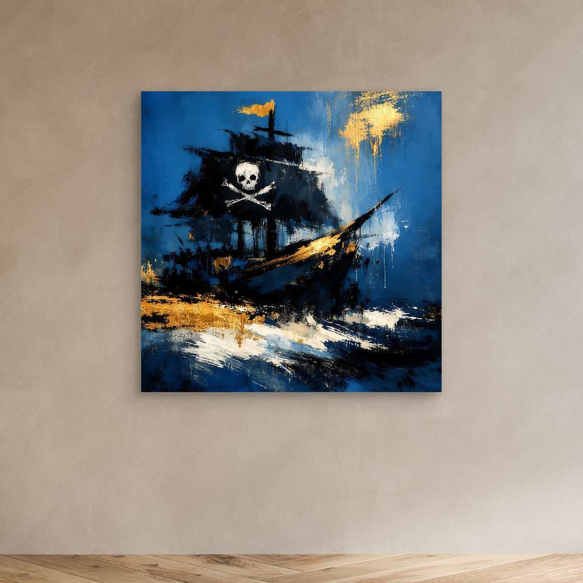 Abstraktes Leinwand-Wandbild mit Piratenschiff, Totenkopf und goldenen Akzenten