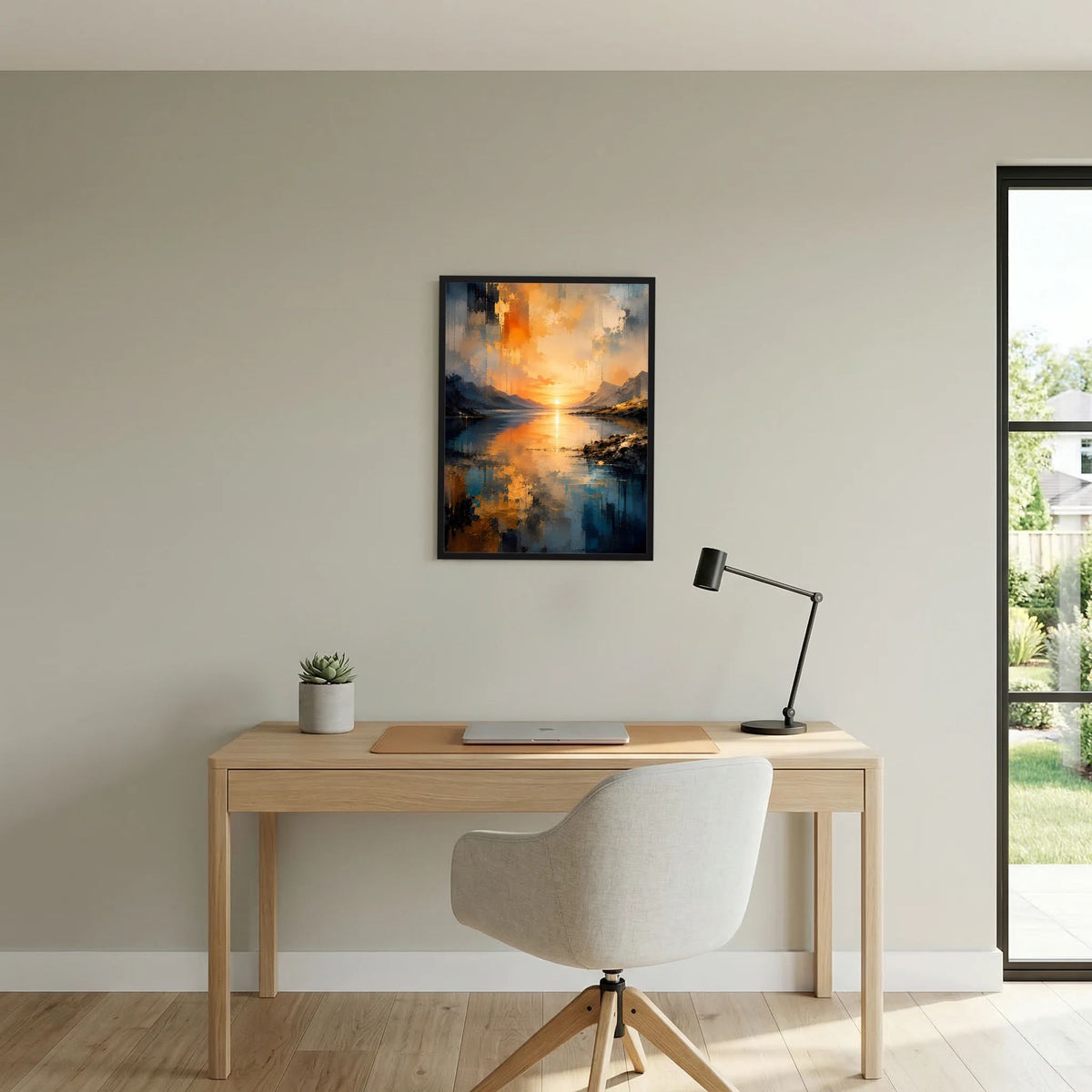 Hochformatiges Wandposter mit abstrakten Bergen am See, leuchtende orange Sonne, blaues Wasser, schwarz rahmen
