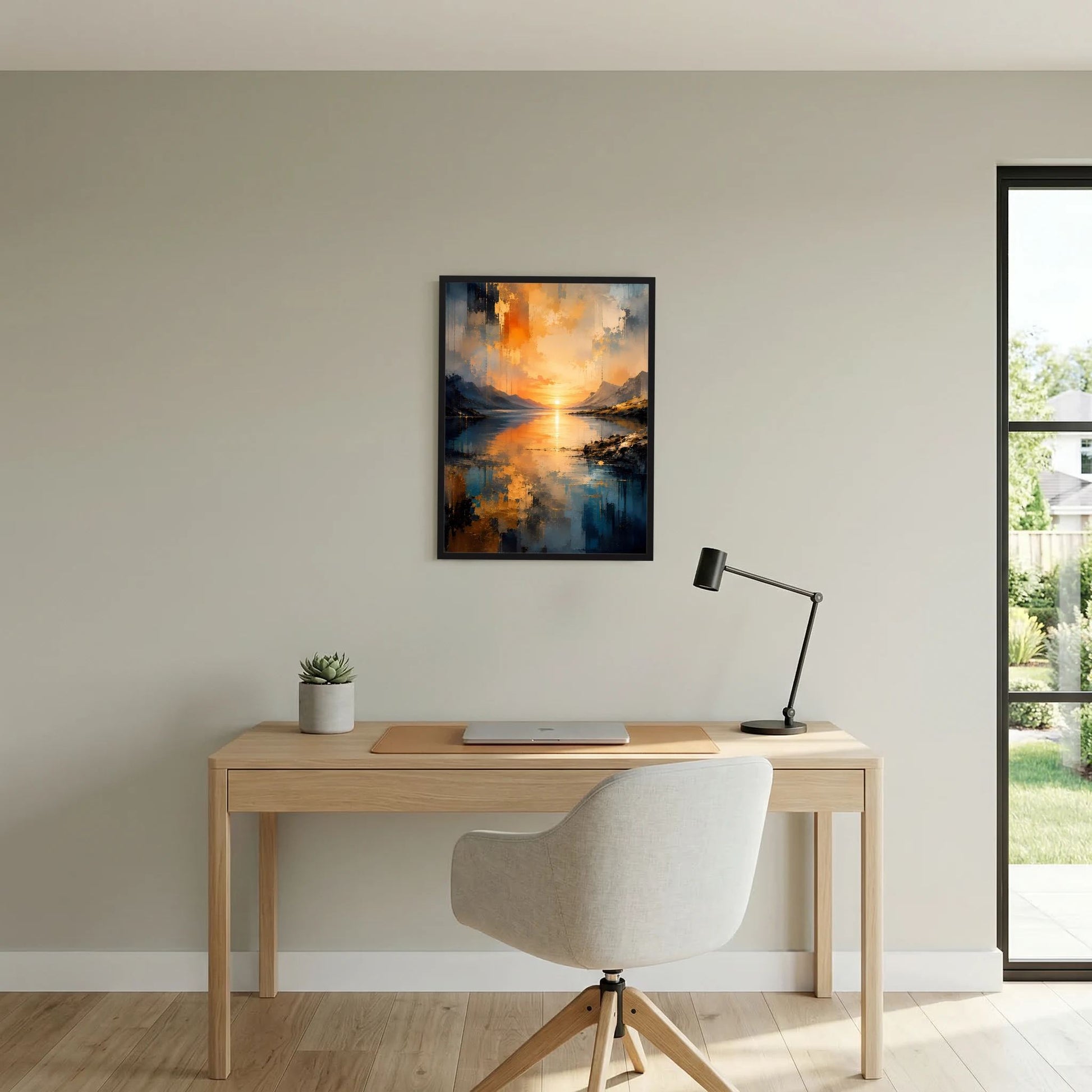 Hochformatiges Wandposter mit abstrakten Bergen am See, leuchtende orange Sonne, blaues Wasser, schwarz rahmen
