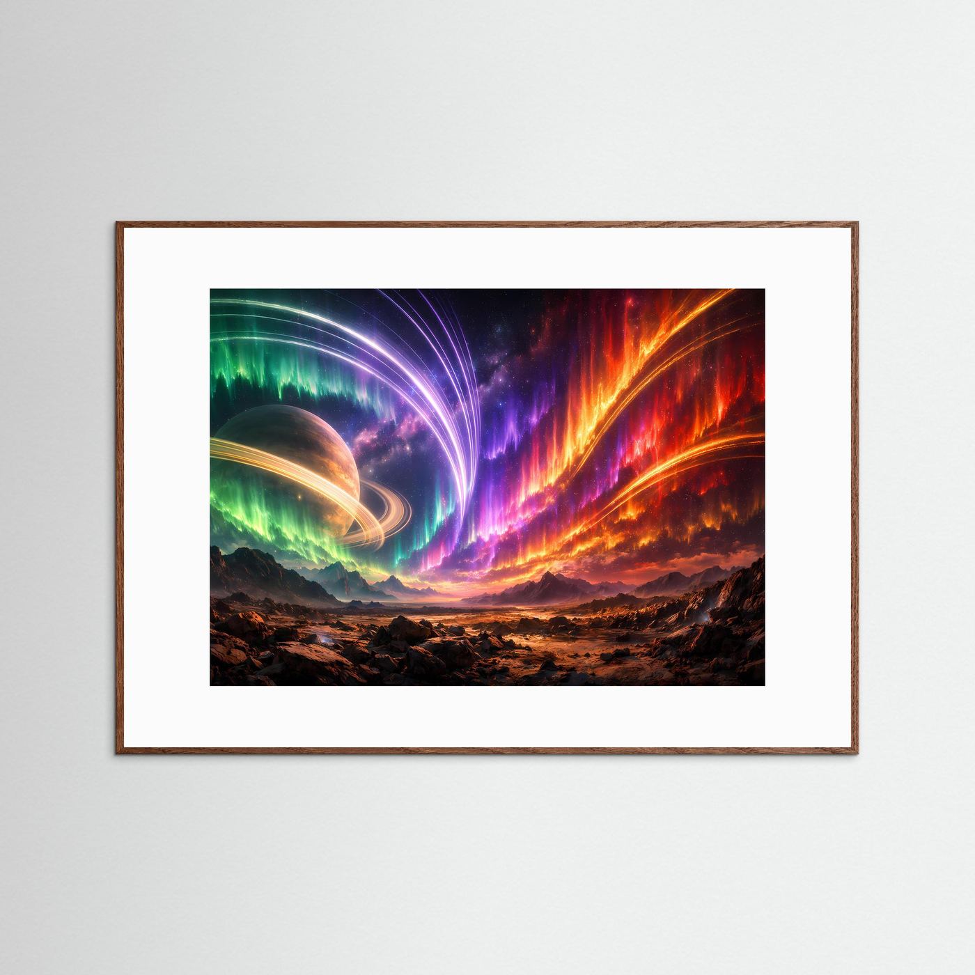 Querformat-Poster mit Polarlicht-Ringplanet im braunen Holzrahmen