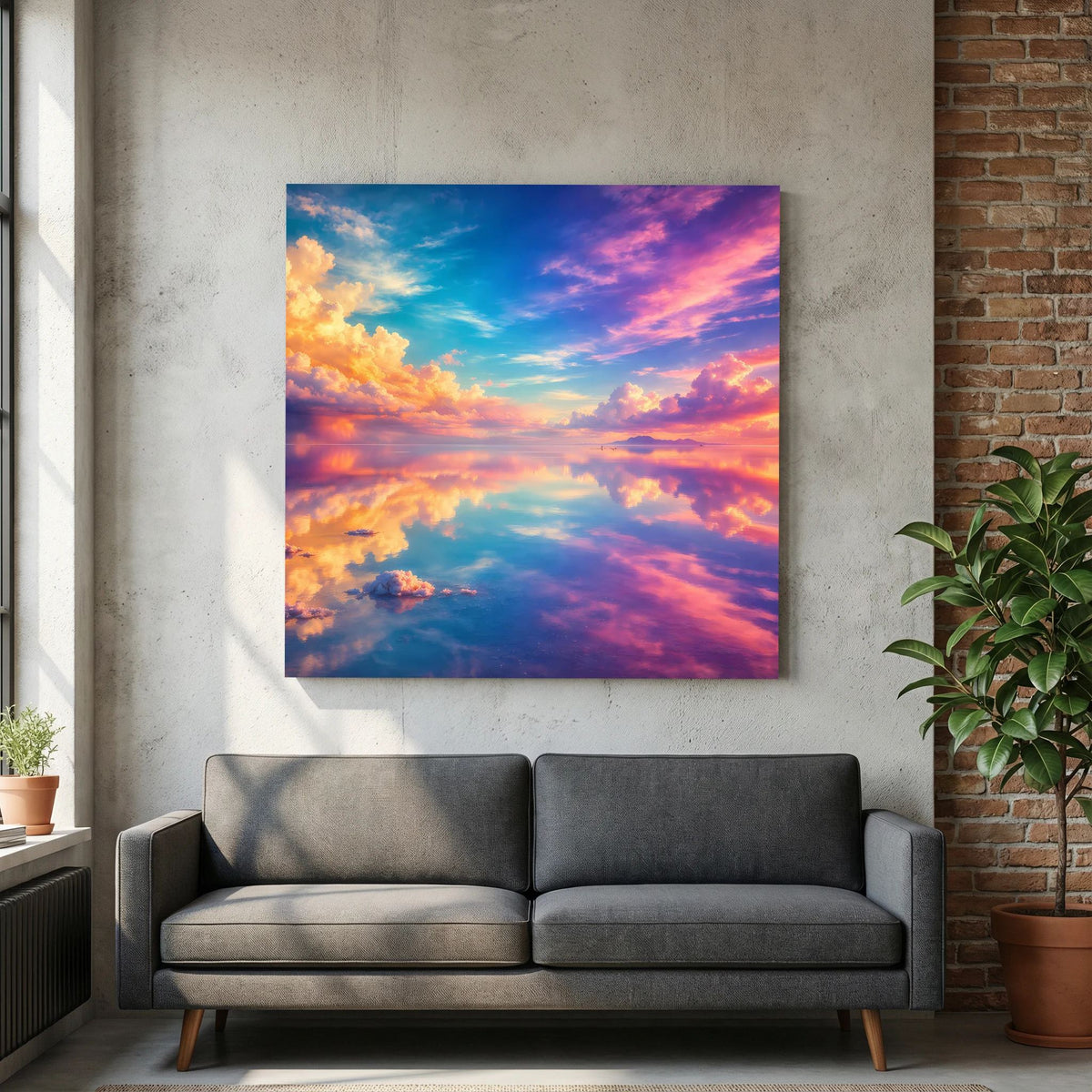 Leinwandbild auf Holzkeilrahmen mit Himmel-Reflexion und Wolken in warmem Orange und kühlem Blau