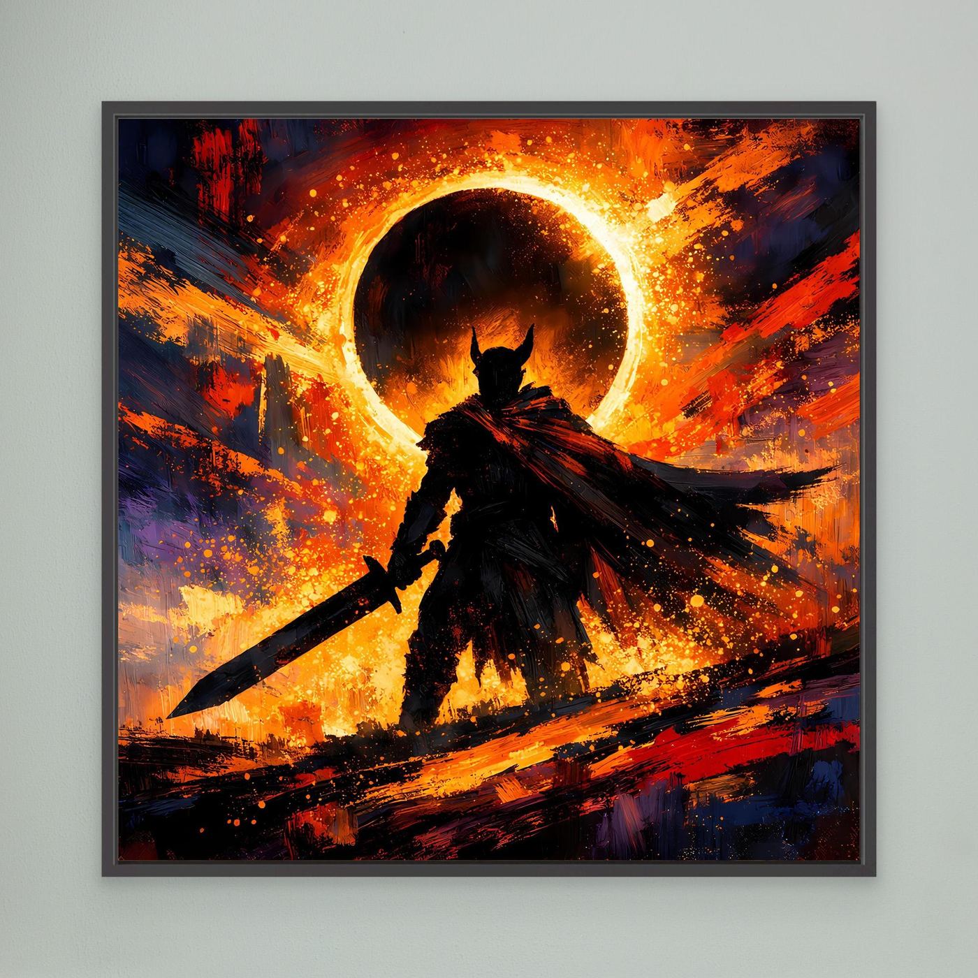 Fantasy-Wandbild mit dunklem Ritter-Schatten und leuchtendem Sonnenfinsternis-Ring im Farbwirbel