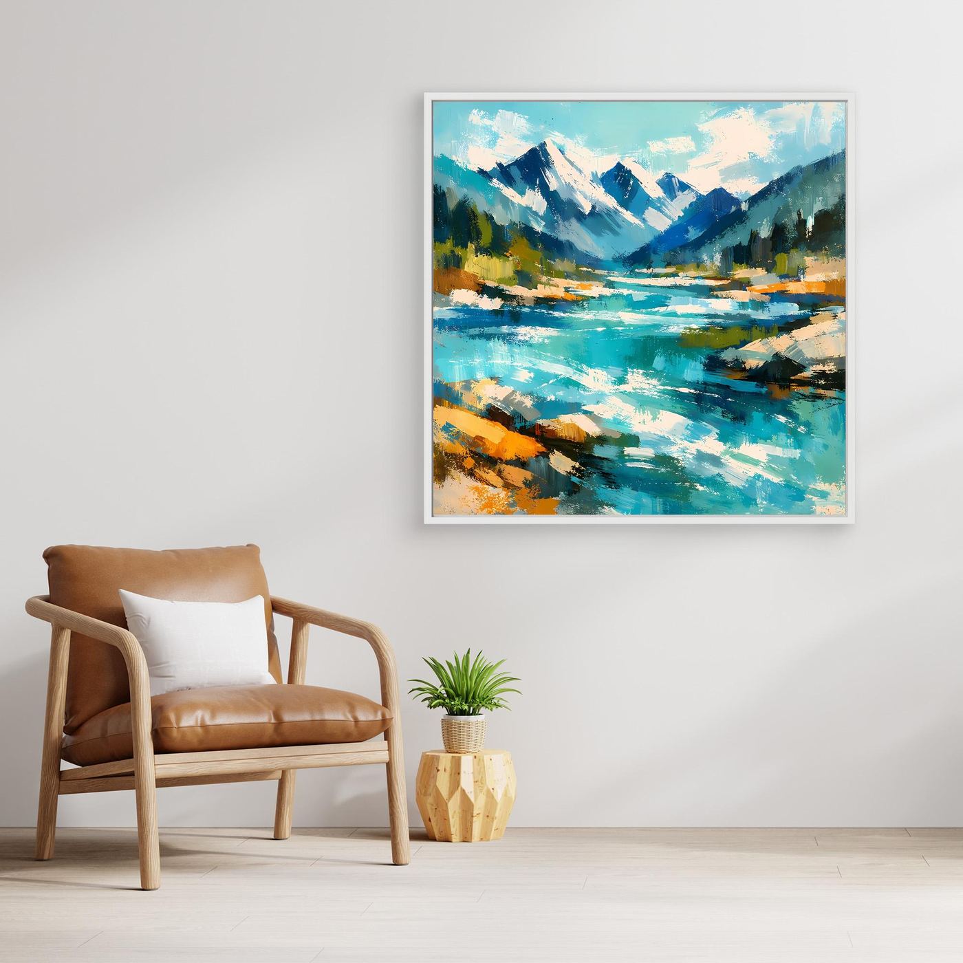 Abstraktes Leinwand-Wandbild mit Berglandschaft und Fluss im weißen Rahmen, blaue Akzente