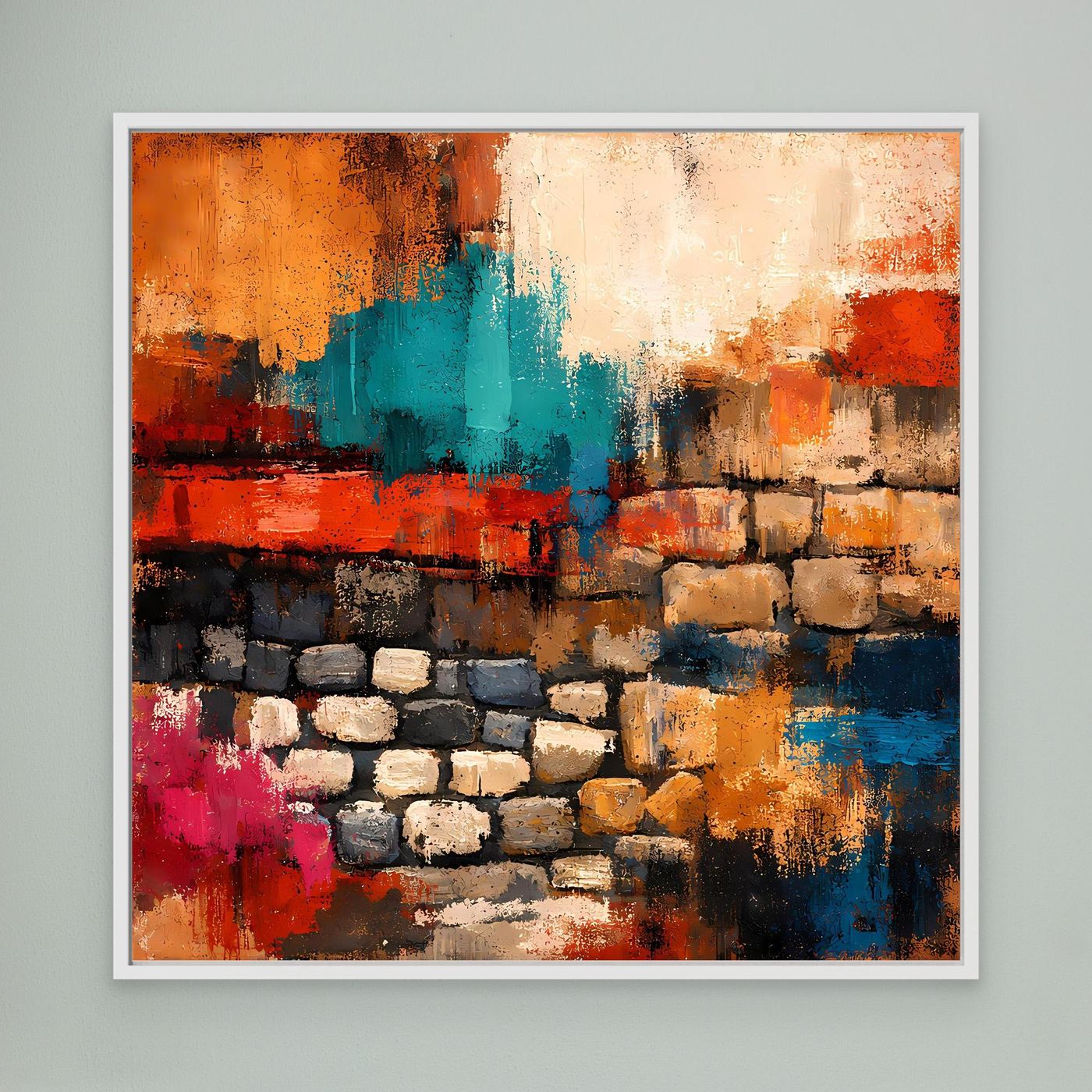 Leinwand-Wandbild mit abstrakter Steinmauer in Orange, Türkis, Rot und Blau, weiß gerahmt