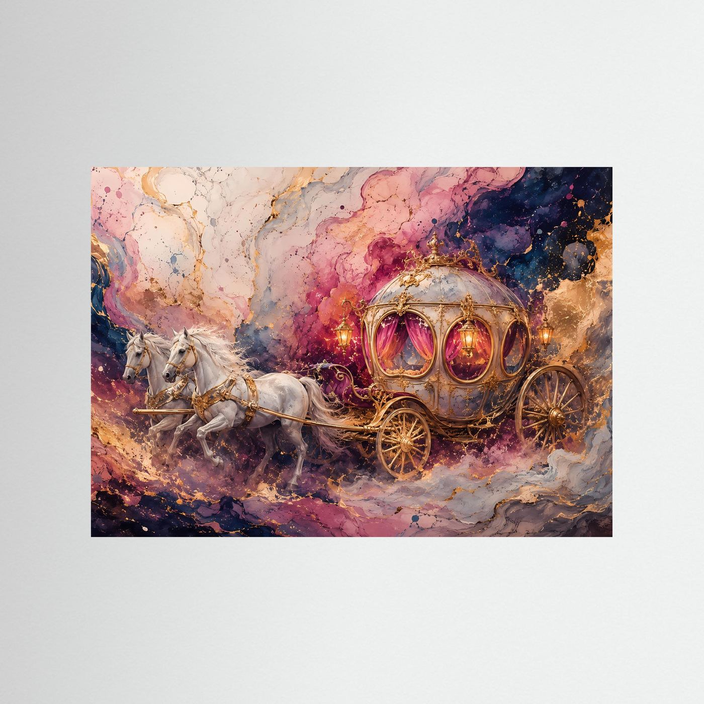 Märchenhafte Kutsche mit weißen Pferden | Fantasy Kunst in Rosa & Gold